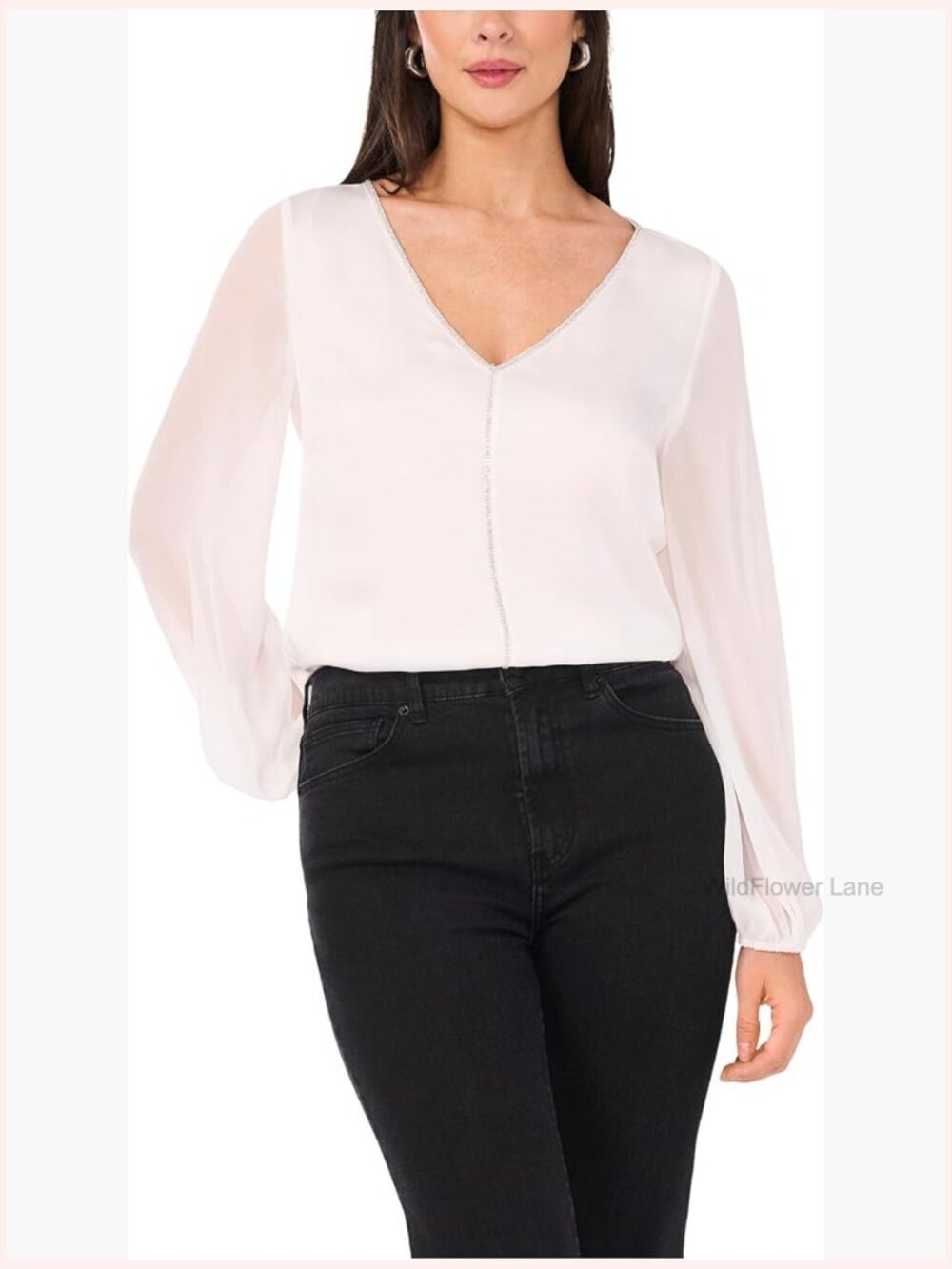 V-Neck Chiffon Sleeve Blouse with Rhinestone Trim